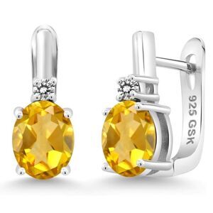925 Sterling Silver and 2.43 Cttw Yellow Citrine and White Diamond Oval Earrings